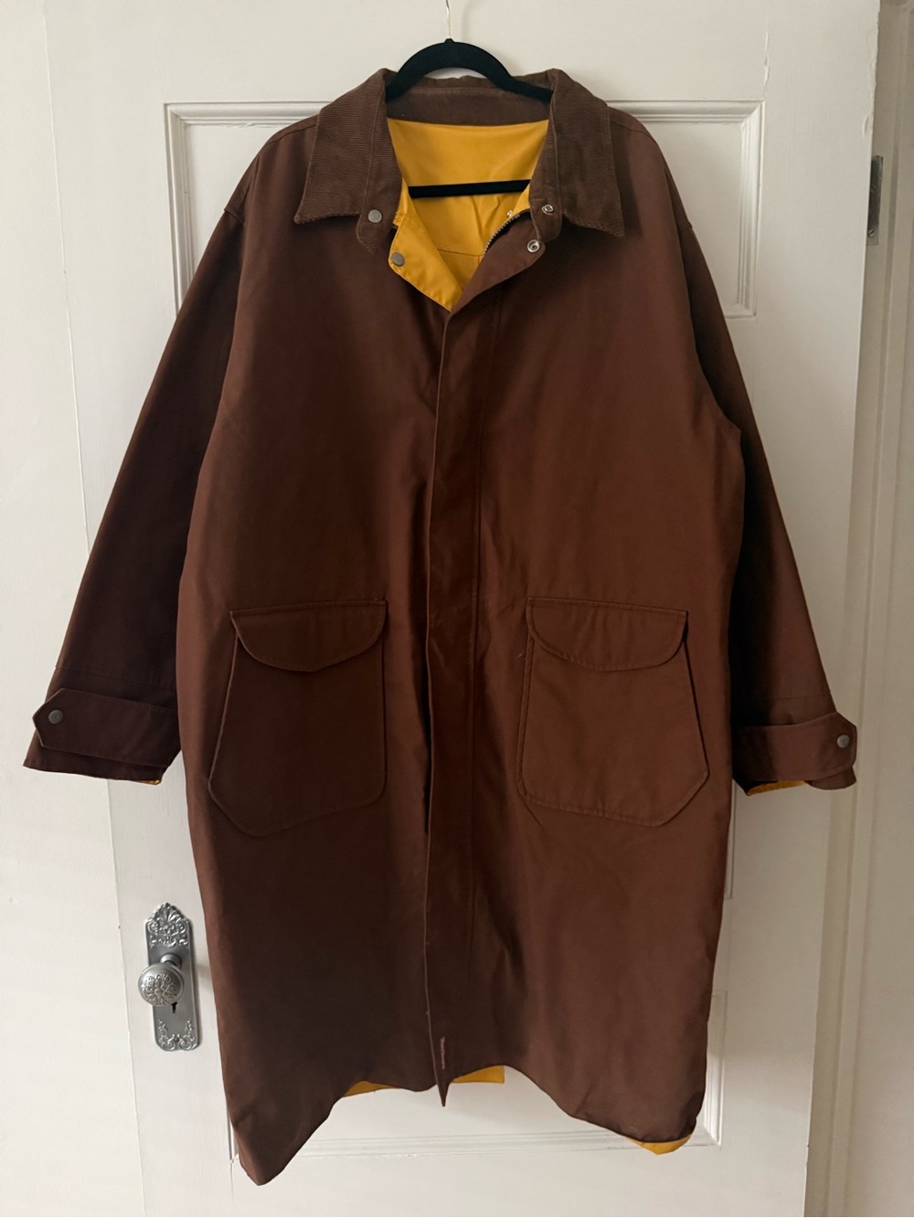Vintage Men Marlboro Reversible Rain Coat Trench Coat Yellow Brown Canvas XL